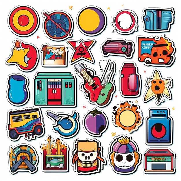 A set of small vinyl stickers pop art style popular objects
