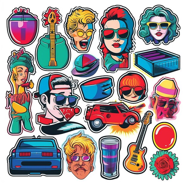 Photo a set of small vinyl stickers pop art style popular objects