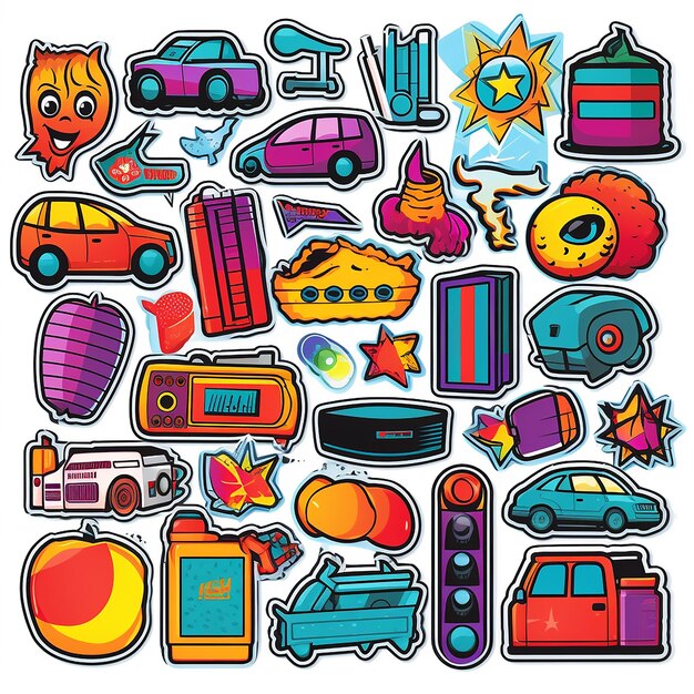 Photo a set of small vinyl stickers pop art style popular objects