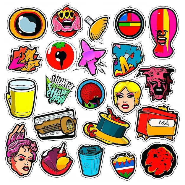 Photo a set of small vinyl stickers pop art style popular objects