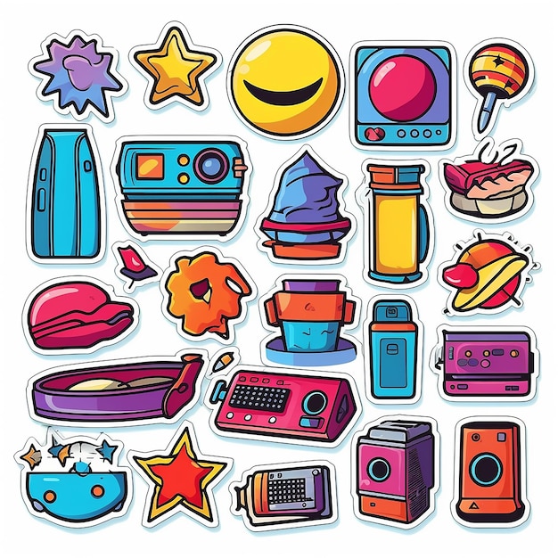 Photo a set of small vinyl stickers pop art style popular objects