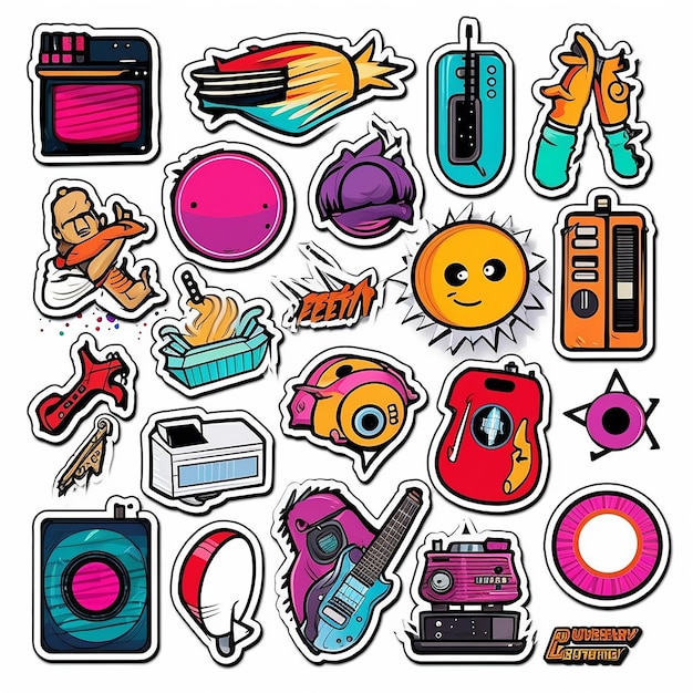 A set of small vinyl stickers pop art style popular objects