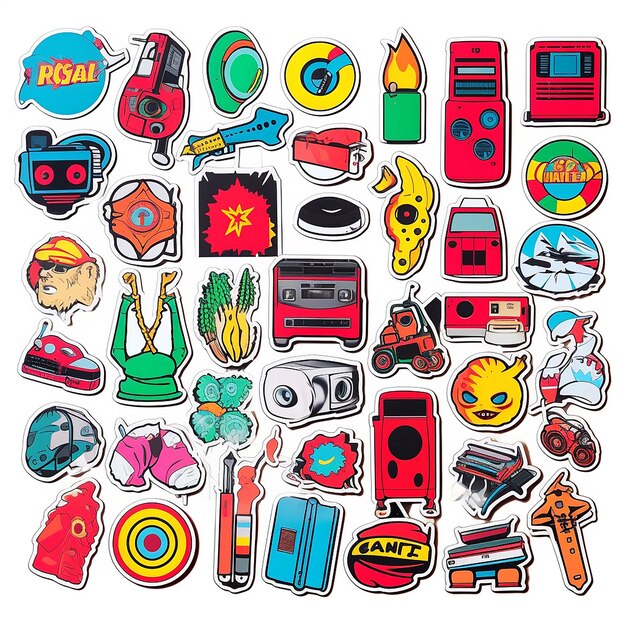 A set of small vinyl stickers pop art style popular objects