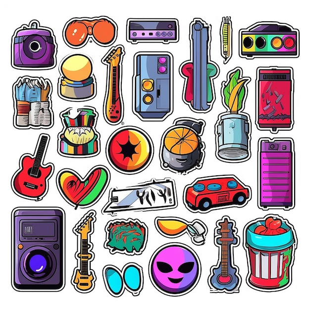 A set of small vinyl stickers pop art style popular objects