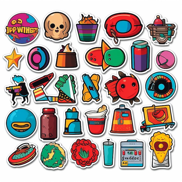 Photo a set of small vinyl stickers pop art style popular objects