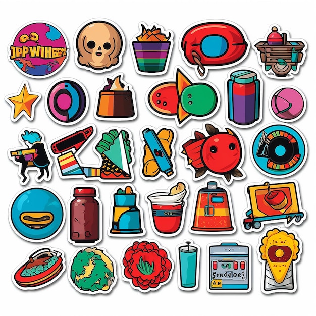 A set of small vinyl stickers pop art style popular objects