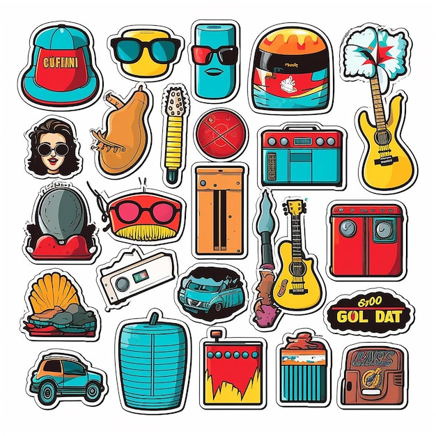 Photo a set of small vinyl stickers pop art style popular objects