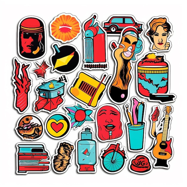 Photo a set of small vinyl stickers pop art style popular objects