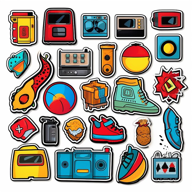 A set of small vinyl stickers pop art style popular objects