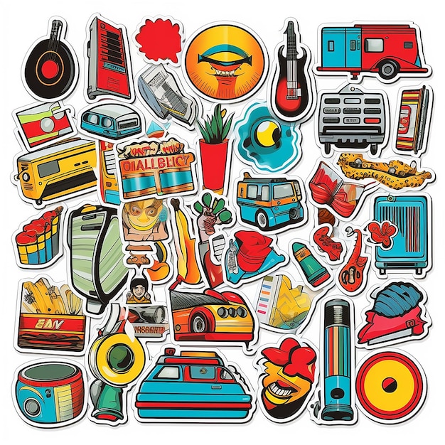 Photo a set of small vinyl stickers pop art style popular objects