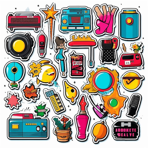 A set of small vinyl stickers pop art style popular objects