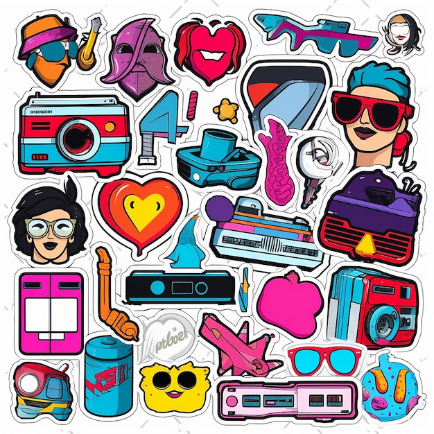 A set of small vinyl stickers pop art style popular objects