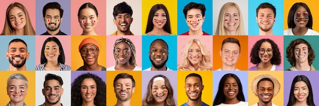 Photo set of smiling people with painted flags