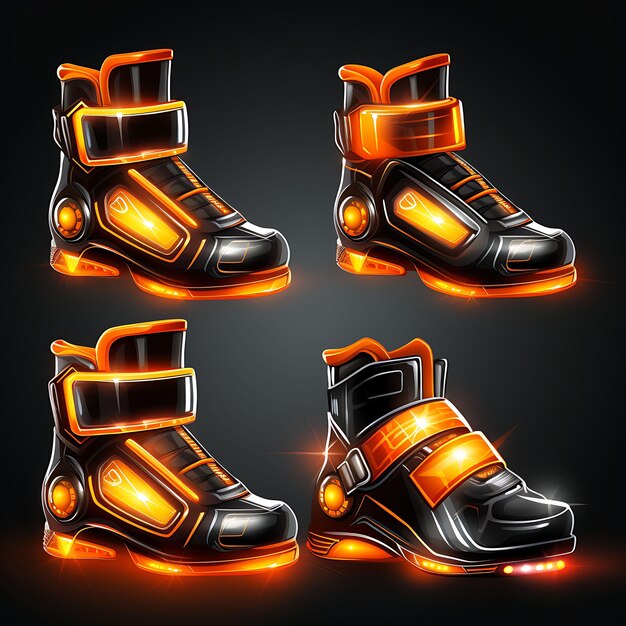 Set of Sneakers Power Up Item Futuristic Design Bracers Energy Shie 2D Asset Design Clipart Flat