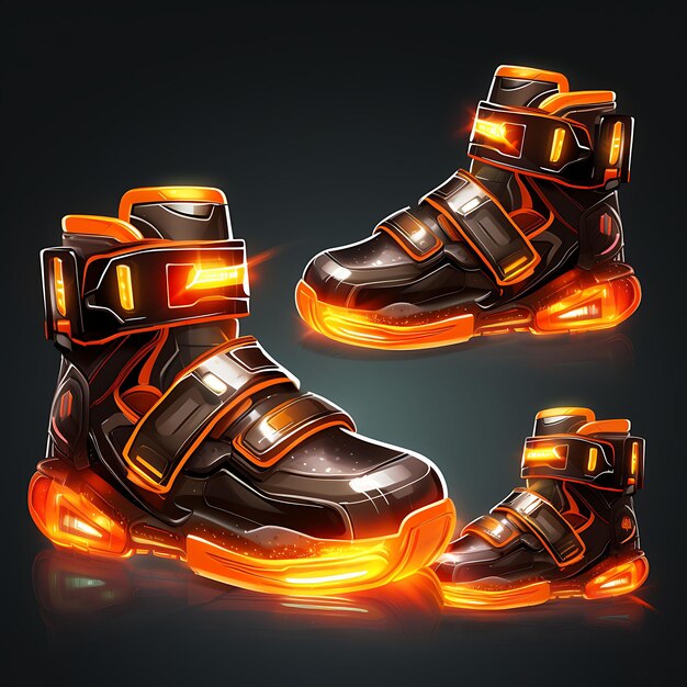 Photo set of sneakers power up item futuristic design bracers energy shie 2d asset design clipart flat