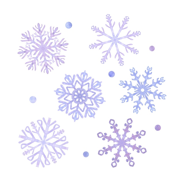 Set sneeuwvlokken blauwe lila vorstkristallen Symbool van het koude winterweer Nieuwjaars- en kerstkaartje met de hand getekende aquarelillustratie geïsoleerd op witte achtergrond