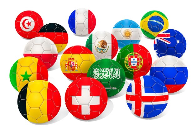 Photo set of soccer ball with flags 3d rendering