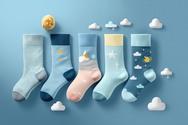 Photo set of socks for luxury loungewear on light blue background created with generative ai