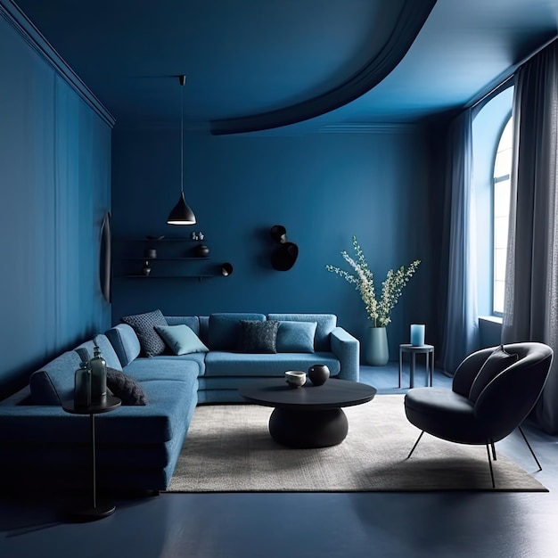 Set of Sofa with blue background along with lamp