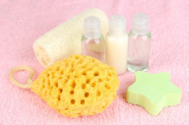 Set for spa on color towel background