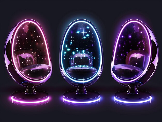 Photo set of space age pod chairs 8 bit pixel with bubble shapes and glow game asset design concept art