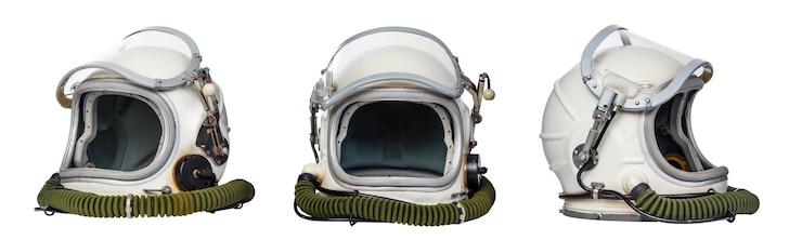 Photo set of space helmets isolated on a white background.