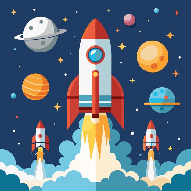 Photo set of space rocket start up launch