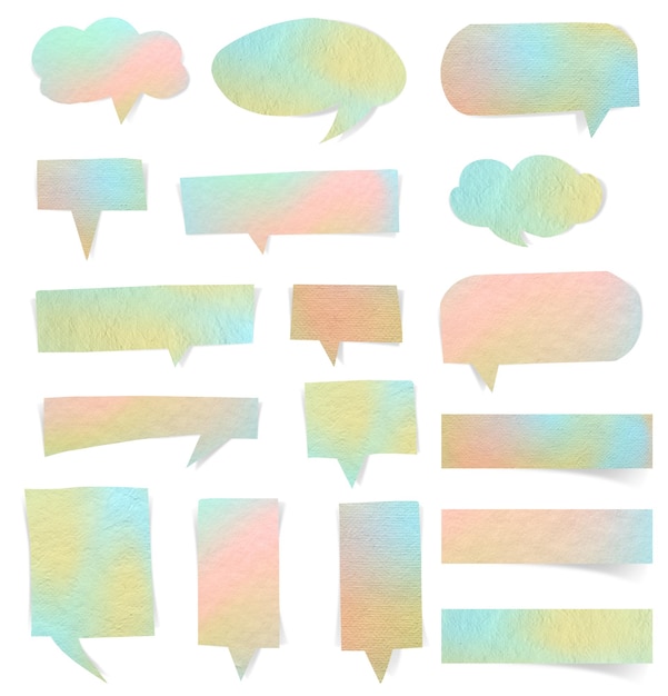 Set of speech bubbles paper pastel colors stickers mock up Blank tags labels of different shapes isolated on white background with clipping path