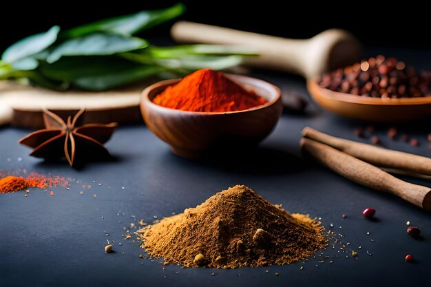 a set of spices and a bowl of spices with a spoon.