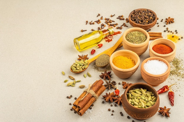 A set of spices for cooking curry. Aromatic condiments: turmeric, paprika, cardamom, cinnamon, star anise, chili, black pepper, dry herbs, salt. Light stone concrete background, copy space