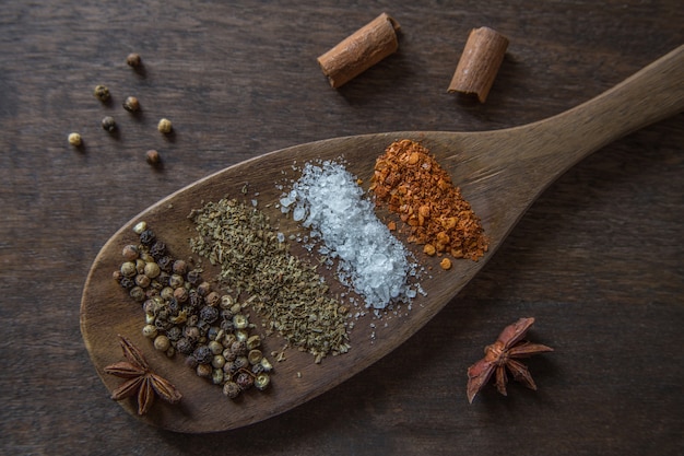 Set of spices on a dark wooden background