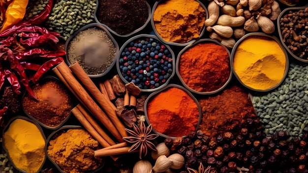 A set of spices and herbs Indian cuisine Pepper salt paprika basil turmeric