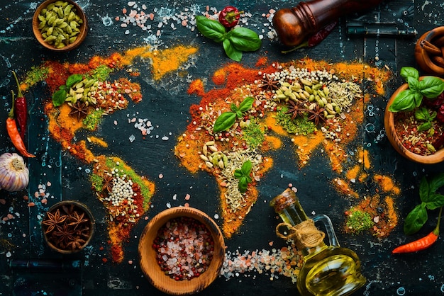 Foto set di spezie ed erbe aromatiche cucina indiana mappa del mondo pepe sale paprika basilico curcuma su una tavola di legno nera vista dall'alto spazio libero per la copia