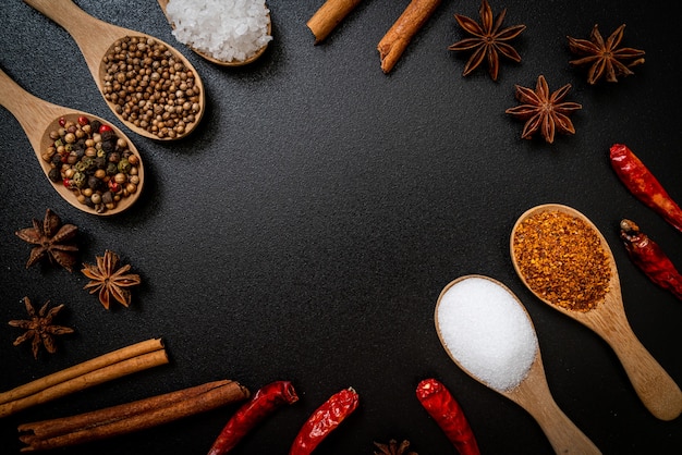 A set of spices and herbs with spoon