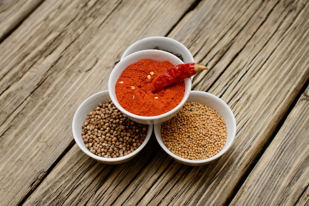 Set of spices on a wooden table