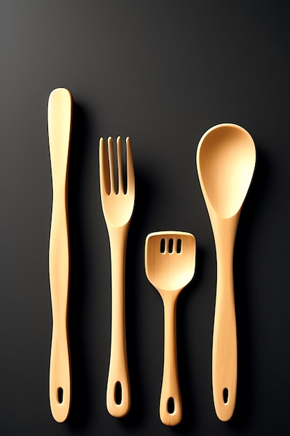 Photo a set of spoons and spoons with a black background