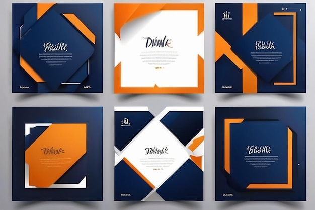 Photo set of square banner template design orange and dark blue color shape with place for the photo