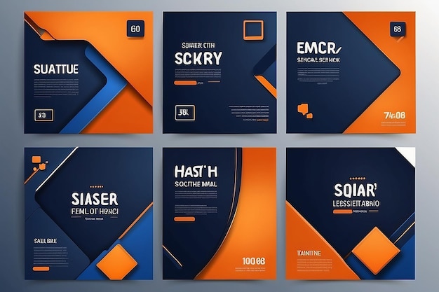 Photo set of square banner template design orange and dark blue color shape with place for the photo