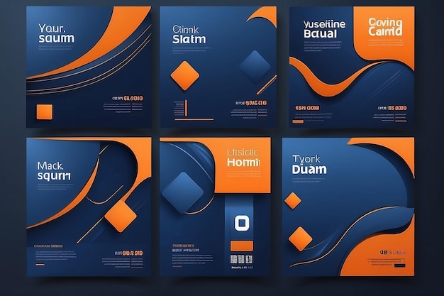 Photo set of square banner template design orange and dark blue color shape with place for the photo