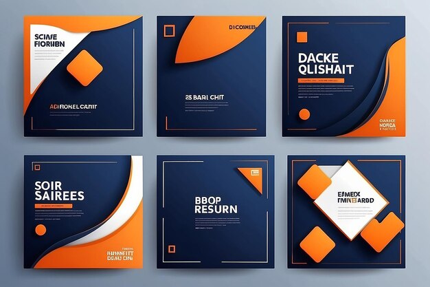 Photo set of square banner template design orange and dark blue color shape with place for the photo