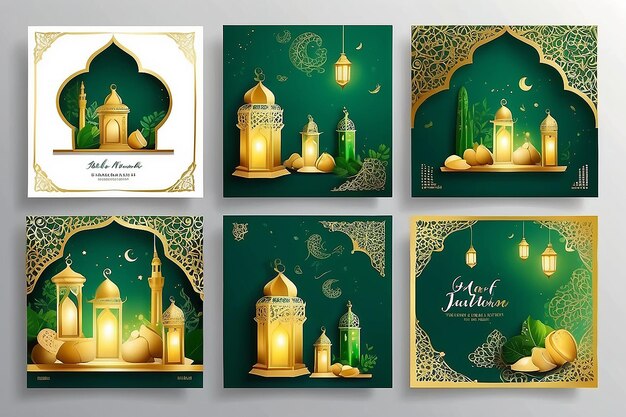 Set of Square social media post template in green white and gold with lantern design Iftar mean is breakfasting