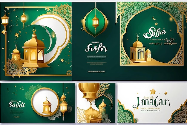 Set of Square social media post template in green white and gold with lantern design Iftar mean is breakfasting