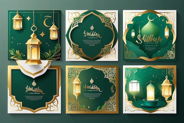 Set of Square social media post template in green white and gold with lantern design Iftar mean is breakfasting