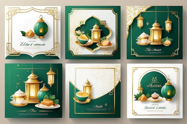 Set of Square social media post template in green white and gold with lantern design Iftar mean is breakfasting