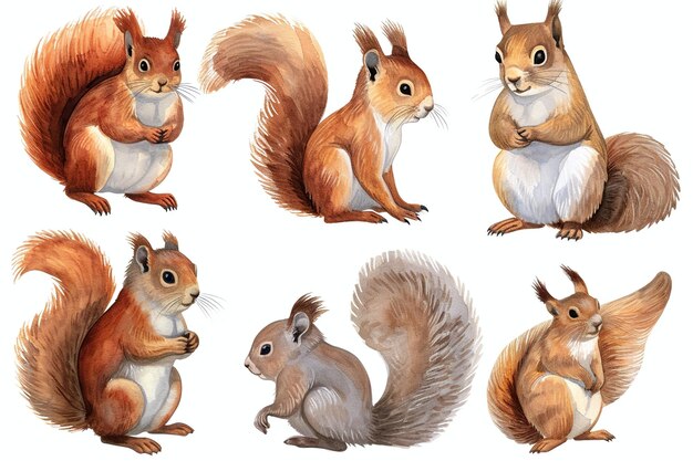 set of squirrels on an isolated white background watercolor illustration