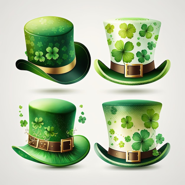 Set of St Patricks Day hats with clover illustration on white background AI