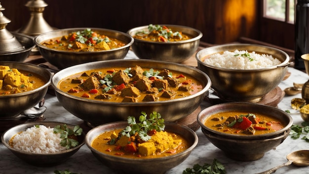 Set the stage for a delicious south indian food curry by arranging a variety of curry dishes