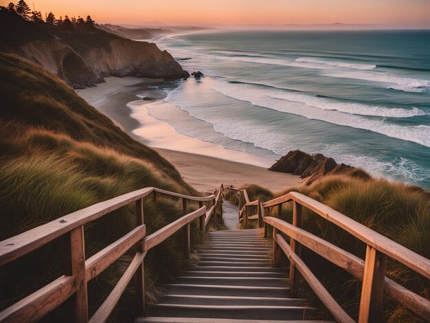 a set of stairs leading down to the beach which shows a beach at sunset gorgeous romantic sunset