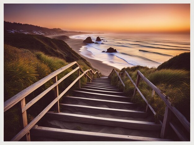 Photo a set of stairs leading down to the beach which shows a beach at sunset gorgeous romantic sunset