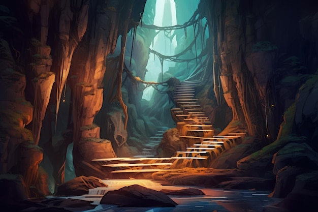 Photo a set of stairs leading up to a cave generative ai